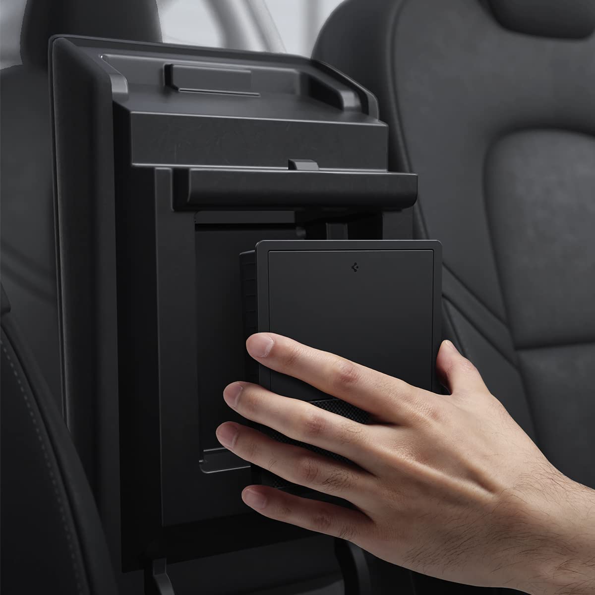 Spigen Tesla Model Y (~2024) and Model 3 (2021-2023) One-Touch Hidden Storage Box (Carbon Edition) Designed for Tesla Model Y and 3 center console organizer armrest.