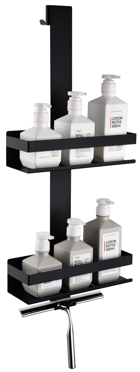 HomeHeng hanging shower caddy, 2-tier shower shelf in matte black, SUS304 stainless steel double shower basket with hooks for glass shower enclosure, H30MB-2DH