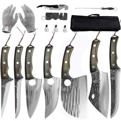 FULLHI 13pcs Butcher Chef Knife Set includes High Carbon Steel Cleaver Kitchen Knife Full Tang Vegetable Cleaver Home BBQ Camping with Knife Case