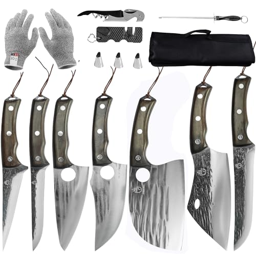 FULLHI 13pcs Butcher Chef Knife Set includes High Carbon Steel Cleaver Kitchen Knife Full Tang Vegetable Cleaver Home BBQ Camping with Knife Case