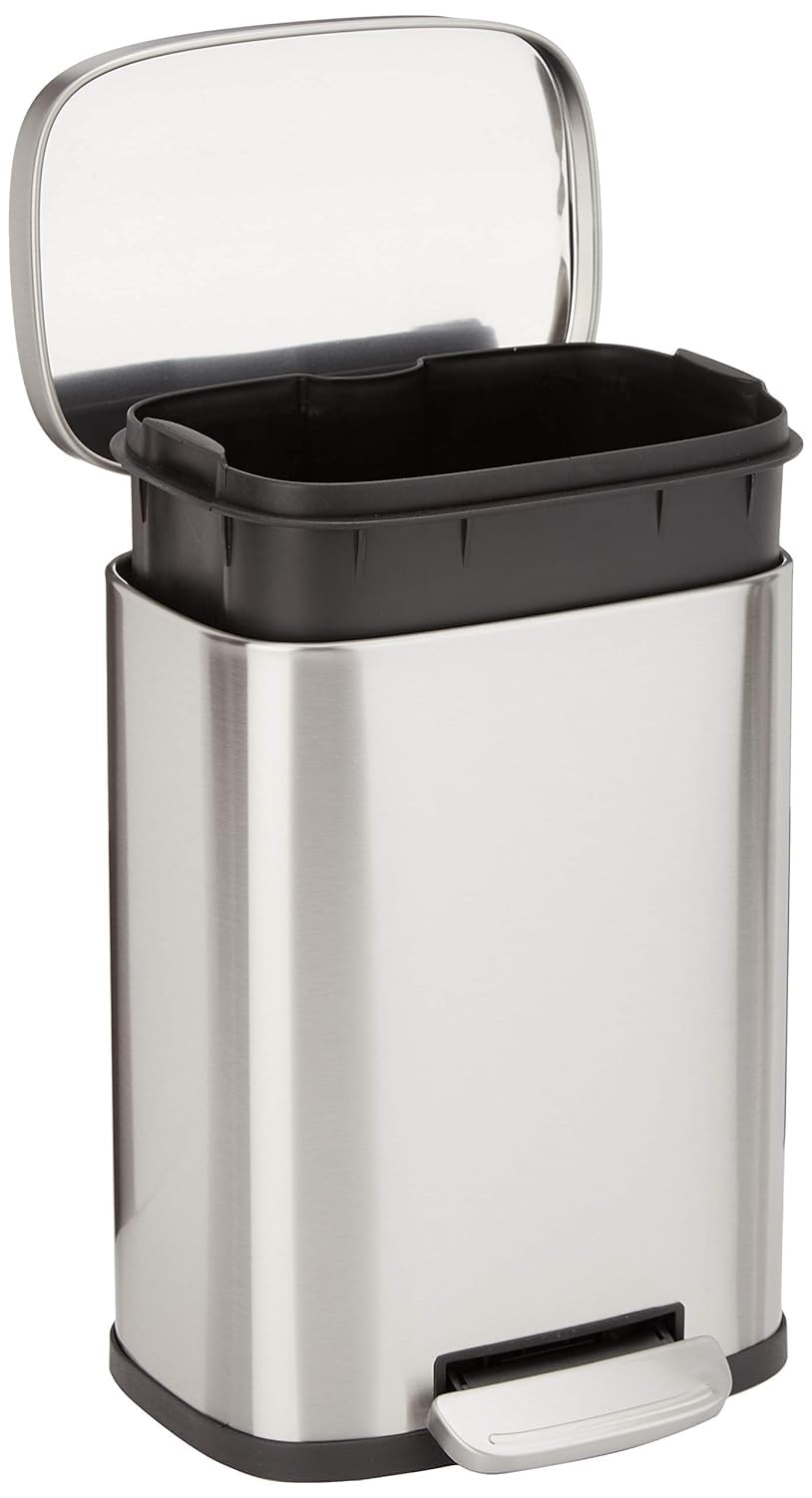 Amazon Basics Mini Waste Bin, rectangular, dirt-repellent, with soft-close foot pedal, brushed stainless steel, for bathrooms and small spaces, 5 liters, satin finish, 18.5 x 21.6 x 29.9 cm (L x W x H)
