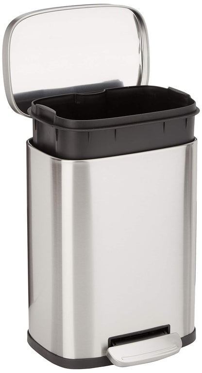 Amazon Basics Mini Waste Bin, rectangular, dirt-repellent, with soft-close foot pedal, brushed stainless steel, for bathrooms and small spaces, 5 liters, satin finish, 18.5 x 21.6 x 29.9 cm (L x W x H)