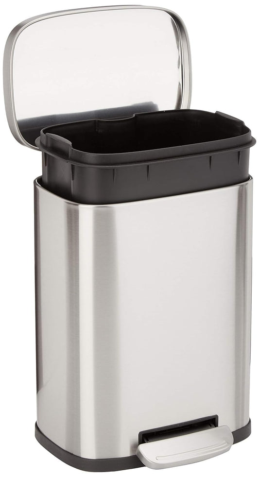 Amazon Basics Mini Waste Bin, rectangular, dirt-repellent, with soft-close foot pedal, brushed stainless steel, for bathrooms and small spaces, 5 liters, satin finish, 18.5 x 21.6 x 29.9 cm (L x W x H)