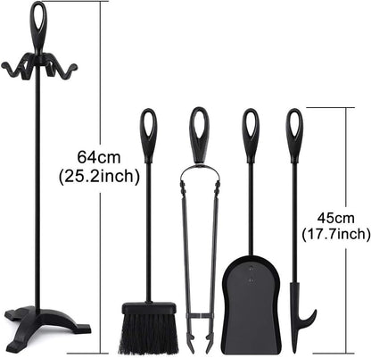 Amagabeli 25.2”(64cm) 5-piece Fireplace Tools Set Wrought Iron and Interior Fireplace Accessories Wood Holder Fireplace Stand Fire Tongs Shovel Antique Brush Chimney Poker Wood Stove (Black)