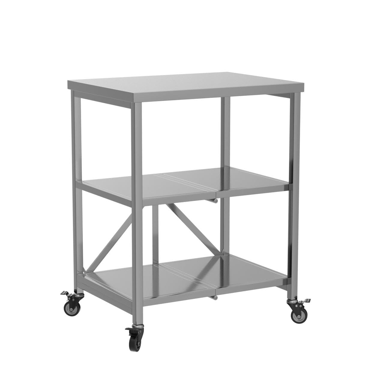AMSXNOO Stainless Steel Serving Cart, 3 Tier Foldable Serving Cart Stainless Steel Trolley Kitchen Table with 4 Wheels Stainless Steel Food Preparation Table Microwave Holder Space-saving for Kitchen.