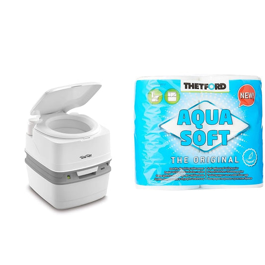 Thetford 92820 Porta Potti 365 Portable Toilet Qube, white, 414 x 383 x 427 mm & Aqua Soft Toilet Paper for mobile toilets 4 rolls/pack. Camping toilets Outdoor Toilet Paper