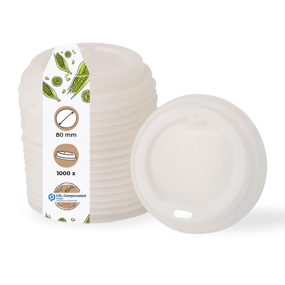 BIOZOYG Coffee To Go lid for cups Ø 80mm I 1000 lids for paper cups made of CPLA bioplastic 100% biodegradable, compostable, recyclable I Flat white lid with drinking hole