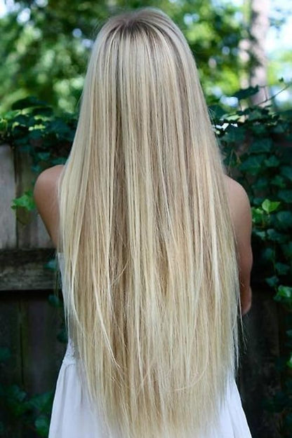 PORSMEER Ombre Blonde Wig Long Straight Lace Front Wigs for Women/Girls Natural Synthetic Brown Blonde Mix Wig for everyday wear or costume.