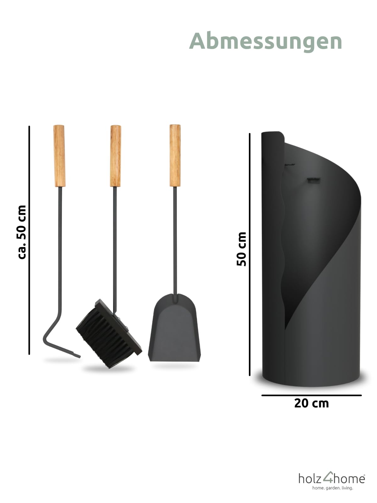 wood4home® fireplace tool set 5 pieces. Gray-black with wooden handle including oven glove I fireplace set fireplace tool set anthracite stove tool poker brush ash shovel
