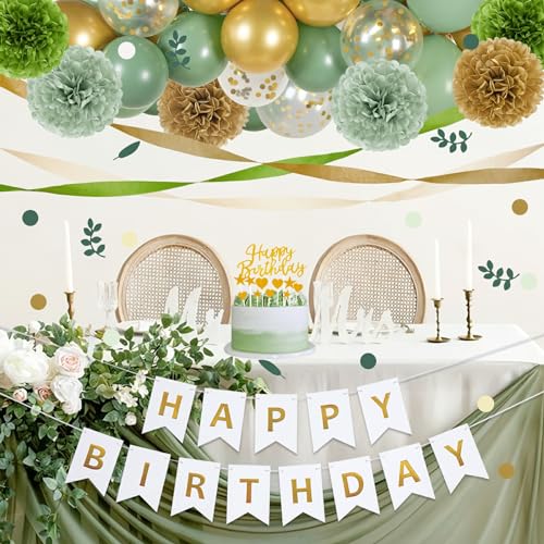 EASY JOY Sage green party decorations, Golden Happy Birthday banner, sage green and gold balloons, tissue paper pompons, olive green confetti dots decor, Neutral birthday party accessories.