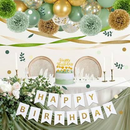 EASY JOY Sage green party decorations, Golden Happy Birthday banner, sage green and gold balloons, tissue paper pompons, olive green confetti dots decor, Neutral birthday party accessories.