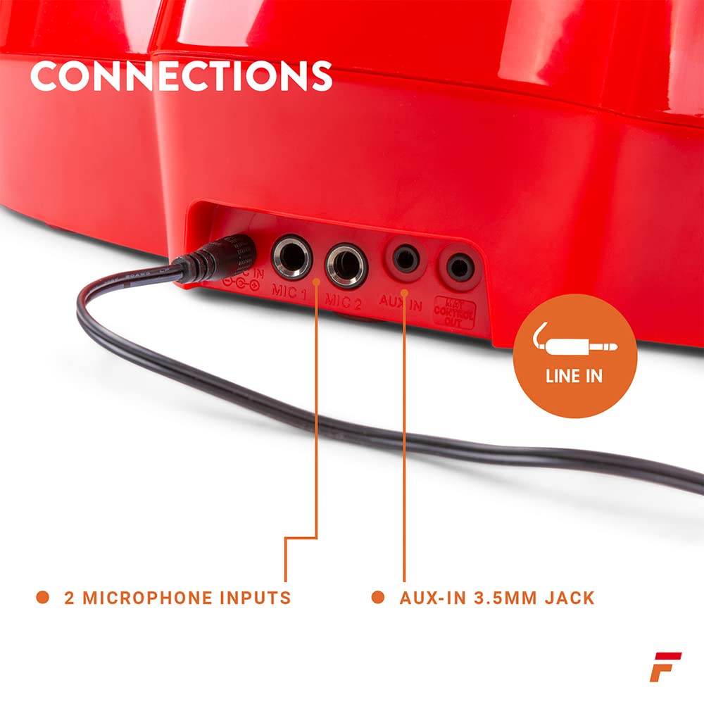 Fenton karaoke system with 2 microphones, stage mat with LEDs, Bluetooth, MP3 player, USB, karaoke machine with disco light effects - red suitable for all age groups with 2 handheld microphones and tablet holder.