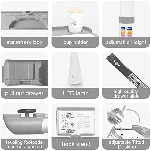 Yinleader Kids Desk and Chair Set, Adjustable Children's Table with Eye-Protecting Lamp, Bookstand, Tilted Desk, perfect for Writing, Reading, and Drawing (grey)