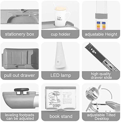 Yinleader Kids Desk and Chair Set, Adjustable Children's Table with Eye-Protecting Lamp, Bookstand, Tilted Desk, perfect for Writing, Reading, and Drawing (grey)