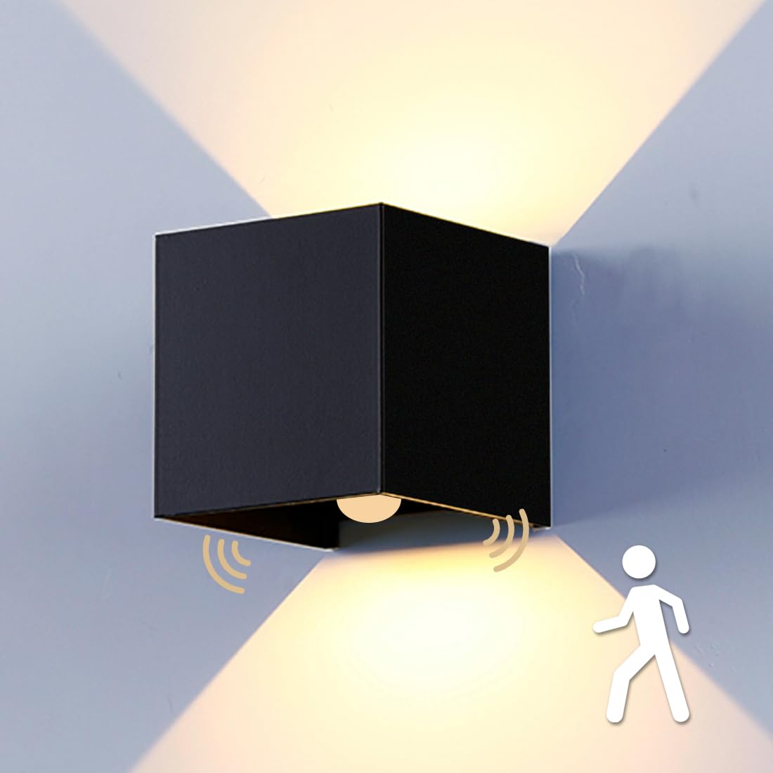 BOYIR 12W LED wall light for indoor/outdoor use with motion sensor. Modern up/down design with adjustable beam angle. Waterproof IP65 outdoor wall lamp in 3000K warm white.