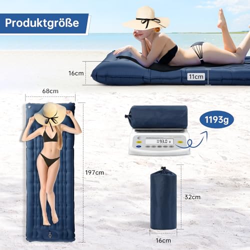 HOUSEPRO Isomatte Self-Inflating, 11cm Upgrade Airbag Camping Mat, Inflatable Sleeping Pad, Camping Mattress, Air Mattress for Camping, Camping Mat with Foot Pump and Pillow for Outdoor