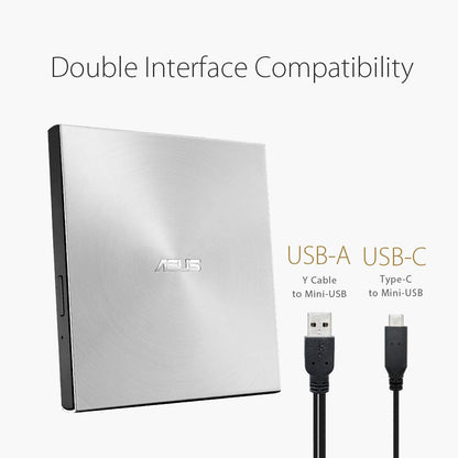 Asus ZenDrive U9M external DVD burner (for Apple MacBook & Windows PCs/Notebooks, incl. USB-C cable, burning software & Nero Backup App, M-Disc support, USB 2.0) silver