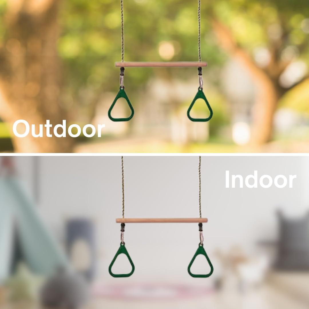 h2i Trapeze Swing with Gymnastic Rings | Wooden Trapeze Bar with Ropes & Carabiner | Plastic Gymnastic Rings in Green | Kids Swing for Outdoor & Indoor Use | Children's Gymnastics Equipment