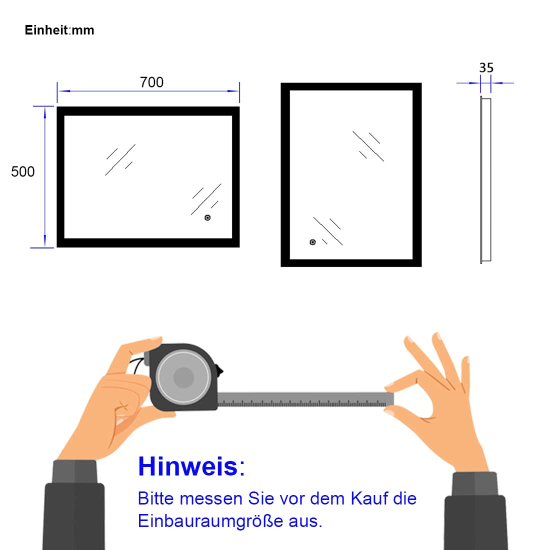 EMKE 50x70cm LED bathroom mirror with lighting, touch switch, and anti-fog feature. 6500K cool white light. Energy-efficient wall mirror for bathrooms.