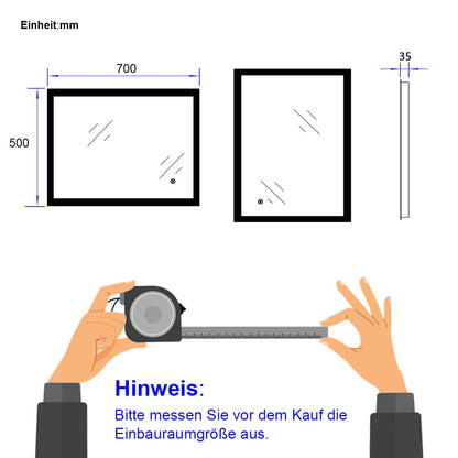 EMKE 50x70cm LED bathroom mirror with lighting, touch switch, and anti-fog feature. 6500K cool white light. Energy-efficient wall mirror for bathrooms.