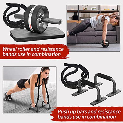 EnterSports Ab Roller, 6-in-1 Ab Trainer with Fitness Band, Push-Up Bars, Knee Pad, Fitness Equipment Ab Wheel Set.