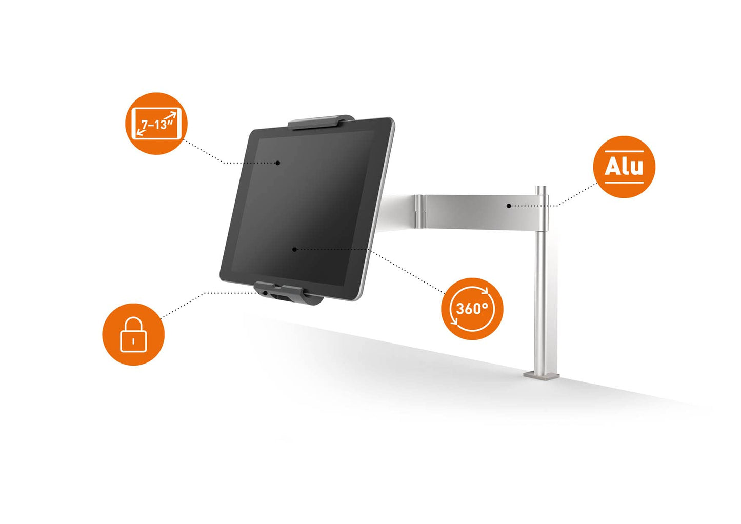 Durable tablet mount with articulated arm for 7-13 inch tablets, 360° rotation and theft protection, silver/anthracite, 893123
