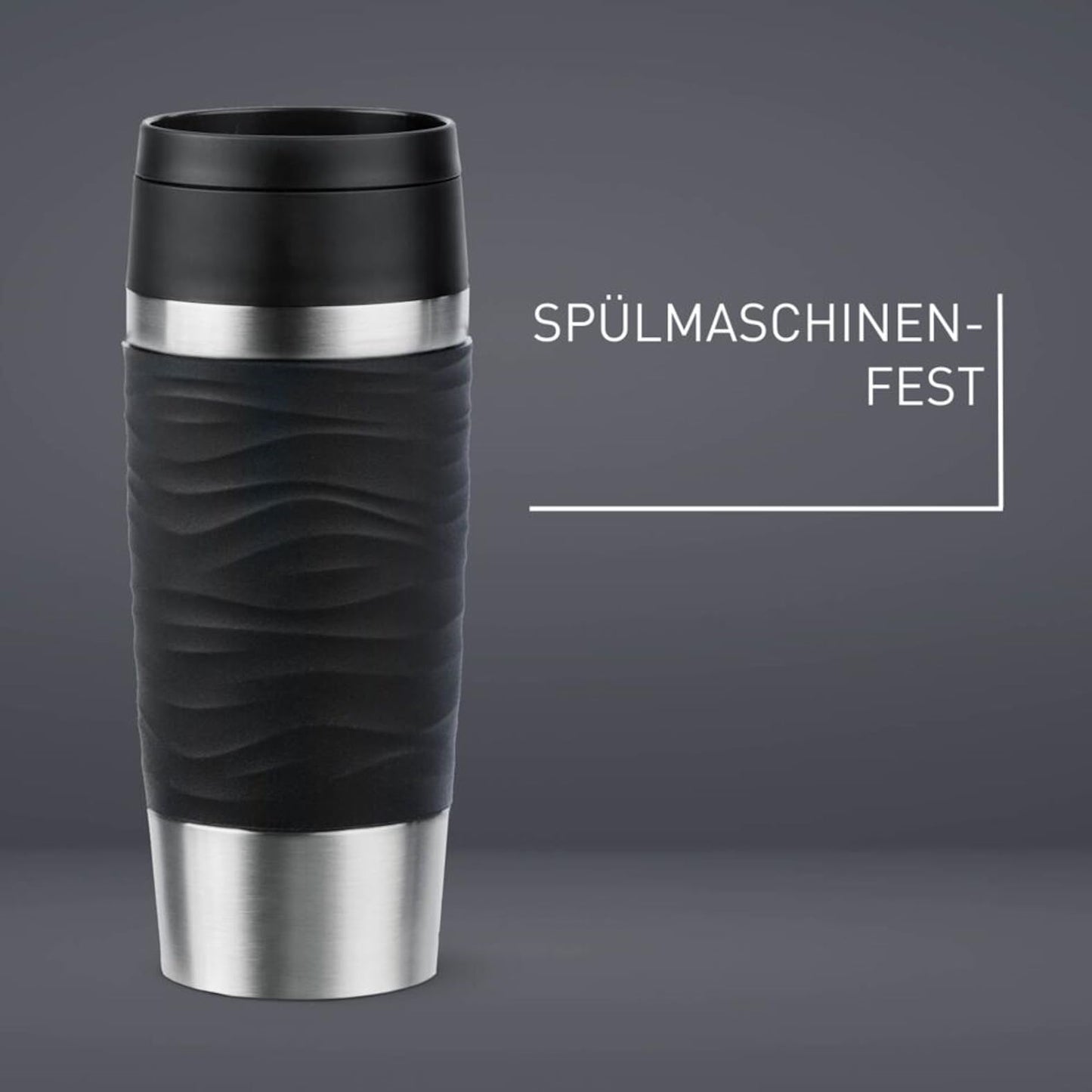 Emsa Travel Mug 360ml Wave Thermos Cup, new comfort screw cap, stainless steel insulated cup, keeps drinks hot for 4h and cold for 8h, 100% leak-proof, dishwasher safe, 360° drinking opening, black, N20212.
