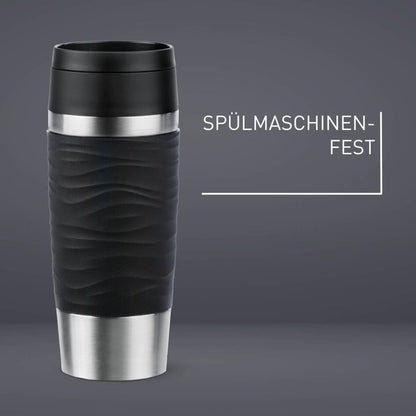 Emsa Travel Mug 360ml Wave Thermos Cup, new comfort screw cap, stainless steel insulated cup, keeps drinks hot for 4h and cold for 8h, 100% leak-proof, dishwasher safe, 360° drinking opening, black, N20212.