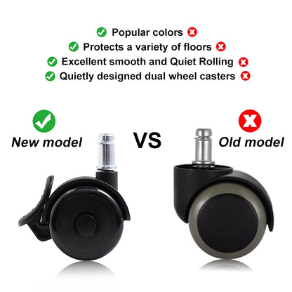 Office chair casters with brakes 11mm hard floor castors for office chairs 5-piece set replacement casters desk chair castors, rubber castors for carpet and parquet floors and tiles, office chair castors 50mm up to 250kg