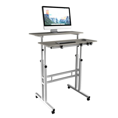 DlandHome standing table, rolling with lockable wheels, adjustable height 67-115 cm, computer desk, multi-functional with 3 tiers, for laptop, maple.