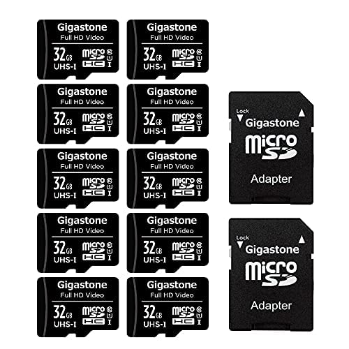 GIGASTONE 32GB MicroSDHC Memory Card 10-Pack + SD Adapter, for Action Camera, GoPro, Drone, and Tablet, Read speed up to 90MB/s, Full HD video recording, Micro SD Card UHS-I Class 10 U1.