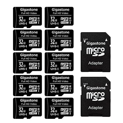 GIGASTONE 32GB MicroSDHC Memory Card 10-Pack + SD Adapter, for Action Camera, GoPro, Drone, and Tablet, Read speed up to 90MB/s, Full HD video recording, Micro SD Card UHS-I Class 10 U1.