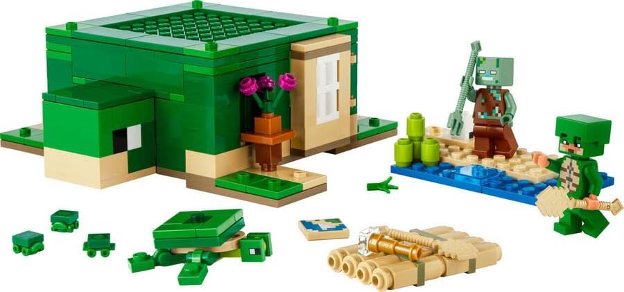 LEGO Minecraft The Turtle Beach House - Toy with animal figures & turtle figure - Playset with accessories - Crafting table, bamboo raft - Gamer gift for boys & girls aged 8+ - 21254