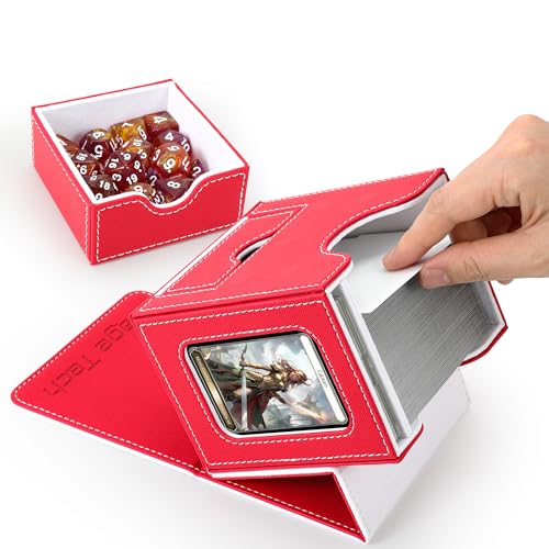 Mage Tech Card Deck Box for MTG Commander - Patented design, Commander display, fits 100 double-sleeved cards, 35pt card brick & dice tray - Red/White.