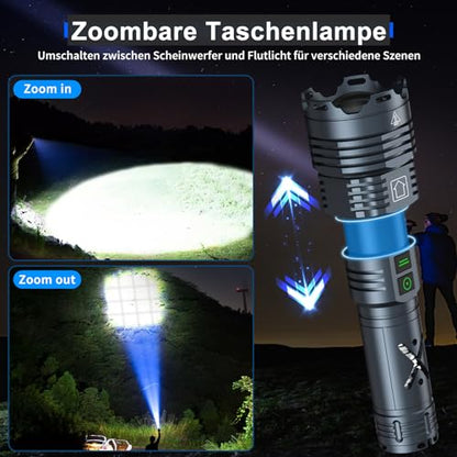 Amzyigou LED torches with 150000 lumens, Xhp160.5 rechargeable, powerful tactical torches with zoom, waterproof, torch gadgets for men, 6 modes for camping and emergencies.
