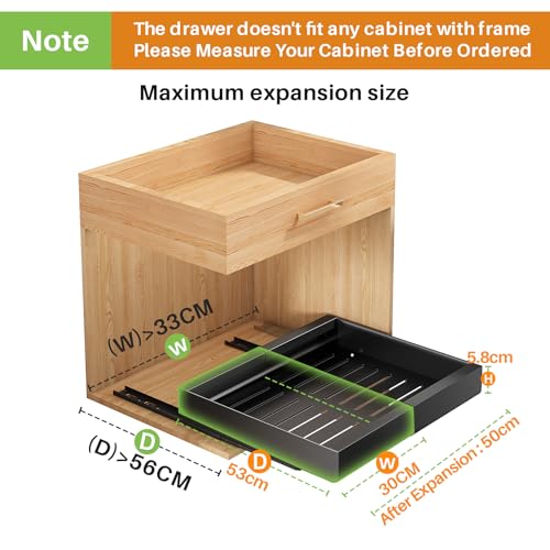 SAYZH Telescopic Drawer, Pull-Out Drawer Kitchen, Kitchen Cabinet Organizer for Kitchen Cabinets, Drawer Organizer, No Tools Required (Black, 30-50 cm W x 53 cm D x 5.8 cm H)