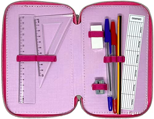 Clondo Triple Filled Pencil Case for Kids, for Minnie fans, girls, 44 school supplies, 3 zippers, colored pencils, markers