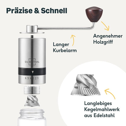 SILBERTHAL Manual Coffee Grinder with Stainless Steel Conical Burr - Stepless precise grind settings - Stainless steel and glass hand mill - Ideal for on the go, camping, vacation.