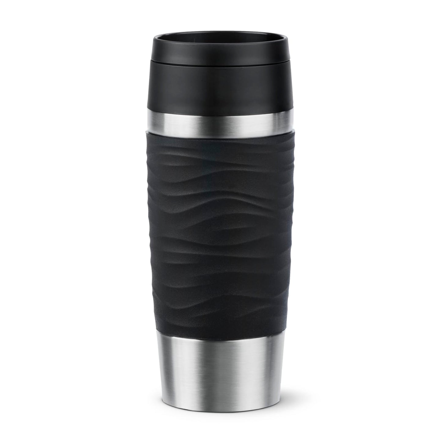 Emsa Travel Mug 360ml Wave Thermos Cup, new comfort screw cap, stainless steel insulated cup, keeps drinks hot for 4h and cold for 8h, 100% leak-proof, dishwasher safe, 360° drinking opening, black, N20212.
