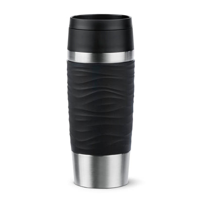 Emsa Travel Mug 360ml Wave Thermos Cup, new comfort screw cap, stainless steel insulated cup, keeps drinks hot for 4h and cold for 8h, 100% leak-proof, dishwasher safe, 360° drinking opening, black, N20212.