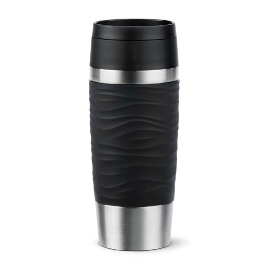 Emsa Travel Mug 360ml Wave Thermos Cup, new comfort screw cap, stainless steel insulated cup, keeps drinks hot for 4h and cold for 8h, 100% leak-proof, dishwasher safe, 360° drinking opening, black, N20212.