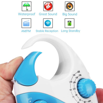 Yunseity Waterproof Shower Radio, Portable AM-FM Radio with Hook Design, Battery Powered, Built-in Speaker, for Bathroom, Kitchen, Outdoor.