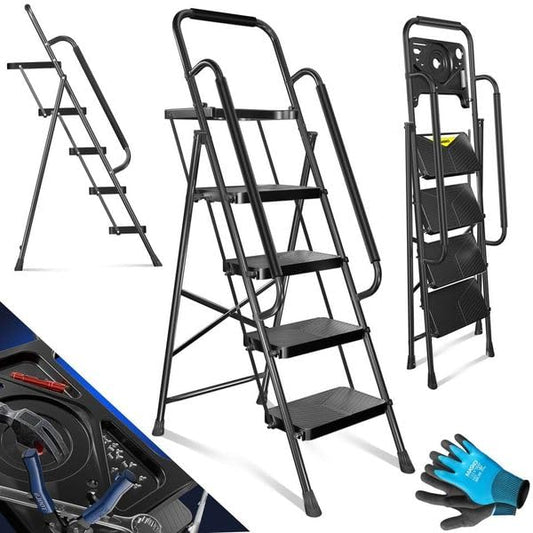 MASKO® Folding Step Ladder 4-step ladder with handrails, load capacity up to 150 kg, step stool with anti-slip feature, folding ladder + gloves, tool tray & automatic lock, black