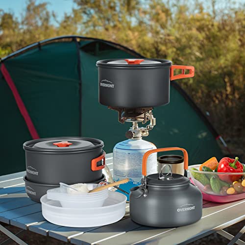 Overmont Camping Cookware Set outdoor dish set pot set picnic pot with coffee pot tea pot aluminum for 3-4 people.