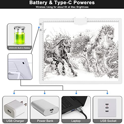 A3 Light Box, LED Light Pad 3000-6500K Dimmable, 2500mAh Rechargeable Lightboard for Diamond Painting, Drawing, Painting, Animation, Sketching, with Stand
