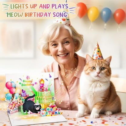 FITMITE Birthday Cards, Cute Cat Music & Lights & Blow-out Candle, Funny Pop-up Birthday Card, Birthday Gifts for Women, Men, Cat Lovers, Mom, or Dad