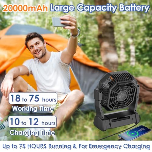 COZII 20000mAh Camping Fan Table Fan, USB Fan Battery, 4 Speeds Portable Fan with Light Hanging Hook & Remote Control for Camping Travel Picnic BBQ Fishing Office