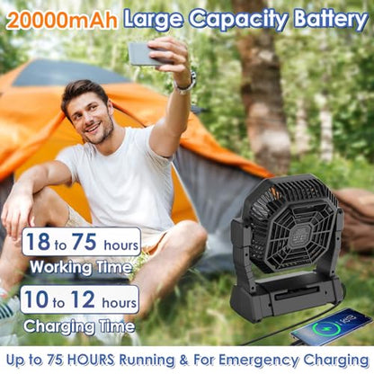 COZII 20000mAh Camping Fan Table Fan, USB Fan Battery, 4 Speeds Portable Fan with Light Hanging Hook & Remote Control for Camping Travel Picnic BBQ Fishing Office