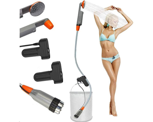Zooma camping shower with pump, outdoor camping shower, garden shower outside, portable shower with submersible pump battery for camping.