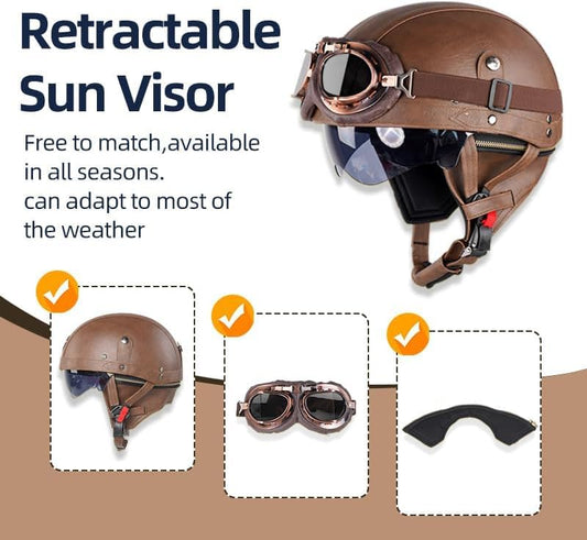 Retro helmet motorcycle leather helmet jet helmets vintage moped helmet with goggles ECE certified motorcycle cruiser scooter helmet in German style (Brown (color), L/59-60cm)